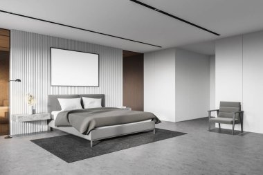 Lüks yatak odasının köşesi, beyaz duvarlar, beton zemin, yatay maket posterli rahat kral yatağı ve gri koltuk. 3d oluşturma