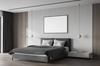 İskandinav tarzında, beyaz ve ahşap duvarları, ahşap zemini, rahat kral yatağı ve yatay poster çerçevesi olan şık ana yatak odasının köşesi. 3d oluşturma