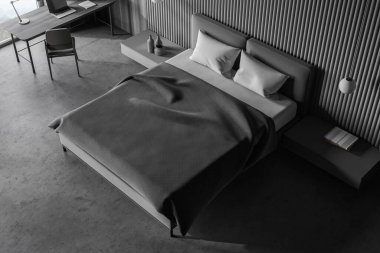 İskandinav tarzı büyük yatak odası manzarası gri ve ahşap duvarlar, beton zemin, konforlu kral yatağı ve ofis alanı. 3d oluşturma