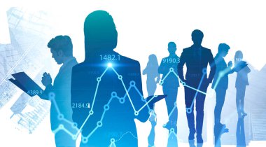 Şehirdeki iş adamlarının siluetleri iki kat bulanık finansal grafikle birlikte çalışıyor. Ticaret ve takım çalışması kavramı. Tonu ayarlanmış resim