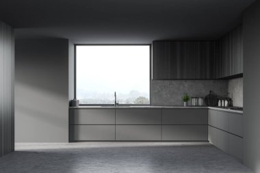 Gri duvarları, beton zemini, lavabosu, ocağı ve koyu ahşap dolapları olan gri tezgahı olan rahat mutfağın içi. Bulanık dağ manzaralı bir pencere. 3d oluşturma