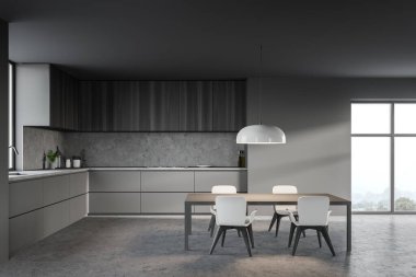 Gri ve taş duvarları, gri tezgahları, koyu ahşap dolapları ve rahat yemek masası olan şık bir mutfak. Bulanık dağ manzaralı bir pencere. 3d oluşturma