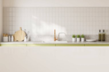 Ürününüz için beyaz masa bulanık mutfakta, beyaz fayanslı duvarları ve lavaboda yapılmış yeşil tezgahları var. 3D oluşturma maketi