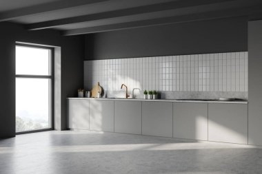 Beyaz ve koyu gri duvarları, beton zemini ve lavabo ve fırında yapılmış gri tezgahları olan şık minimalist mutfağın köşesi. Bulanık dağ manzaralı bir pencere. 3d oluşturma