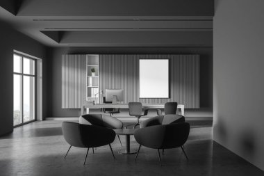 Gri duvarları, beton zemini, ziyaretçiler için sandalyeleri olan rahat bilgisayar masası ve dikey maket posterleri olan şık CEO ofisinin içi. Gri koltuklu dinlenme odası. 3d oluşturma
