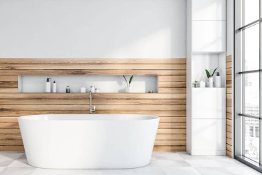 Modern banyo, beyaz ve ahşap duvarlar, fayanslı zemin, üzerinde raf olan rahat küvet ve güzellik ürünleriyle dolu dolap. 3d oluşturma
