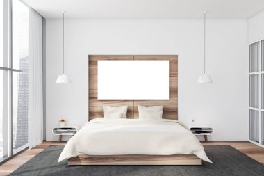 Beyaz ve ahşap duvarlı panoramik yatak odasının içi, ahşap zemin, beyaz battaniyeli kral yatağı halı ve pencerenin üzerinde bulanık şehir manzarası. Yatay maket posteri. 3d oluşturma