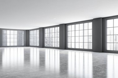 Gri duvarları, beton zemini ve bulanık manzaralı büyük pencereleri olan lüks ofis odasının köşesi. Gayrimenkul ve kalkınma kavramı. 3d oluşturma