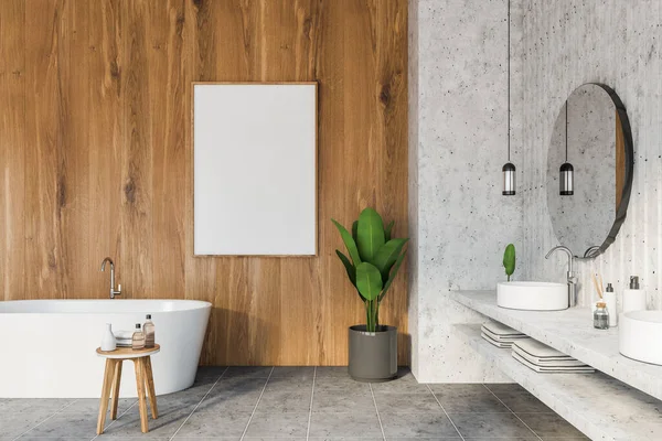 Interior Modern Bathroom White Wooden Walls Tiled Floor Double Sink — Stock Photo, Image