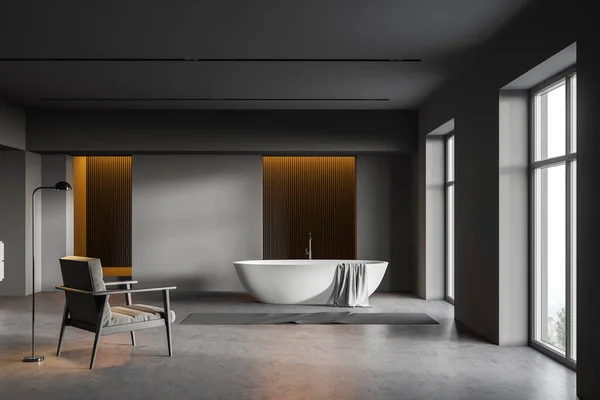 Intérieur Une Spacieuse Salle Bain Luxe Avec Murs Gris Foncé — Photo