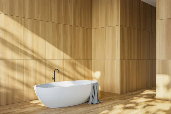 Corner Minimalistic Bathroom Wooden Walls Floor Comfortable White Bathtub Towel — Stock Photo, Image