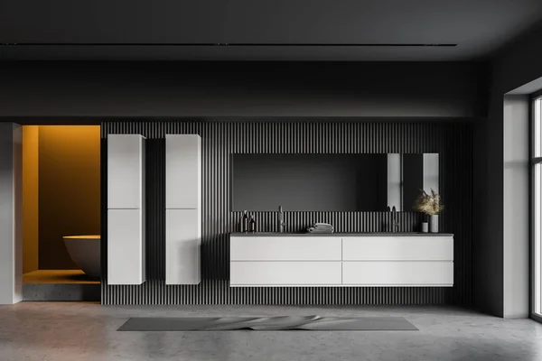 室内豪华浴室 带有深灰色墙壁 混凝土地面 舒适的双层水池 背景为水平镜和浴缸 3D渲染 — 图库照片