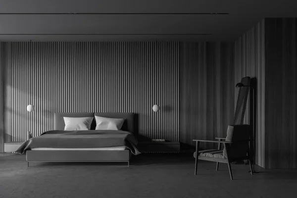 Interieur Des Stilvollen Hauptschlafzimmers Skandinavischen Stil Mit Grauen Und Dunklen — Stockfoto