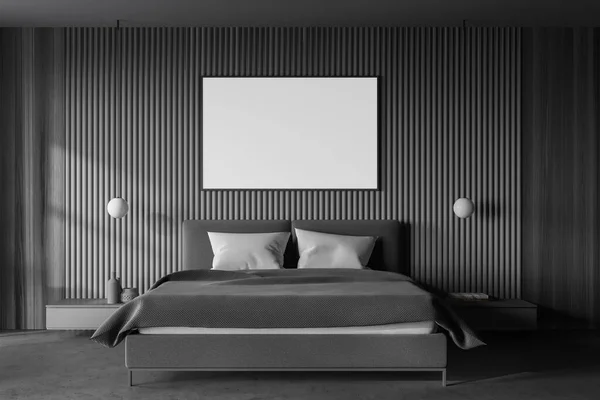 Interior Del Elegante Dormitorio Principal Estilo Escandinavo Con Paredes Grises — Foto de Stock
