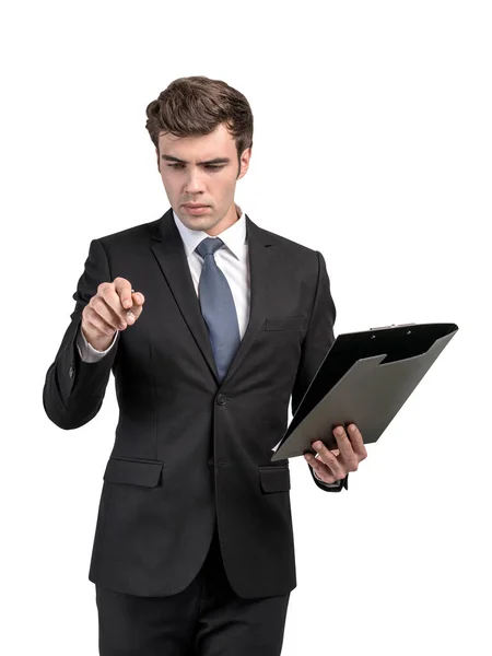 Isolated Portrait Serious Young European Businessman Clipboard Writing Virtual Screen — Stock Photo, Image