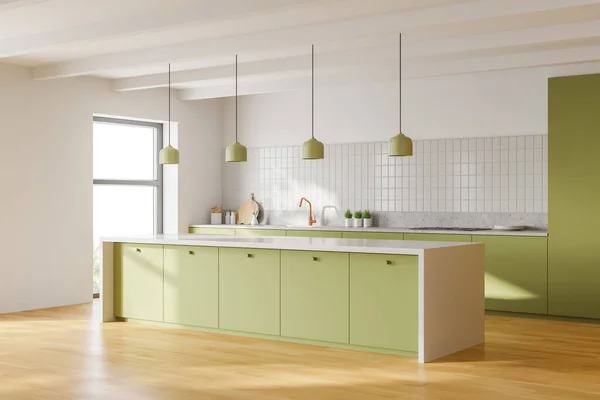 Green Island Lamps Standing Modern Kitchen Corner White Walls Wooden — Stock Photo, Image