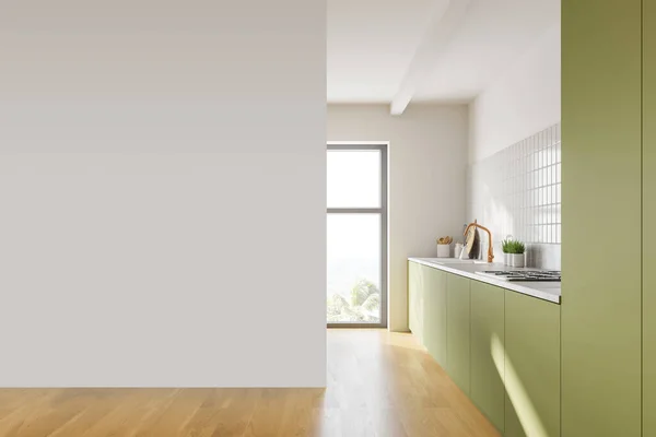 Interior Stylish Minimalistic Kitchen White Walls Wooden Floor Green Countertops — Stock Photo, Image