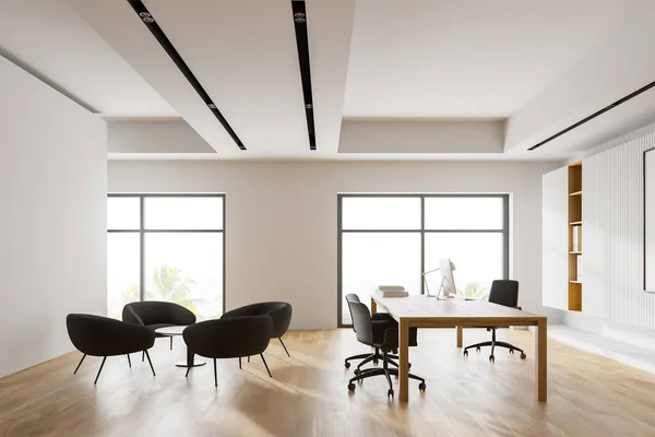 Intérieur Bureau Pdg Moderne Avec Murs Blancs Plancher Bois Table — Photo