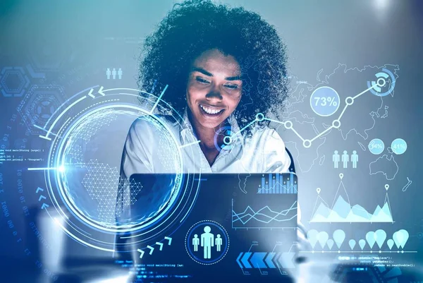 Smiling Young African American Woman Using Laptop Blurry Room Double — Stock Photo, Image