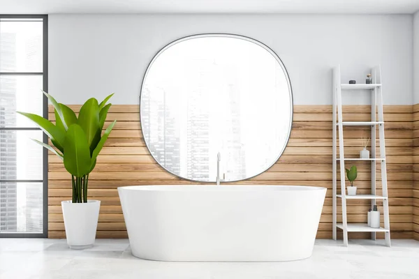 Interno Bagno Moderno Con Pareti Bianche Legno Pavimento Piastrellato Confortevole — Foto Stock