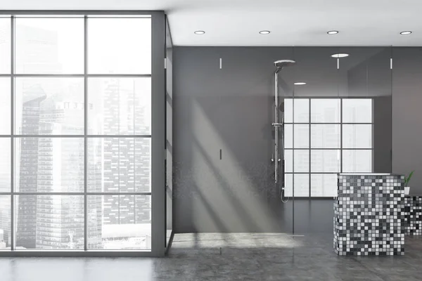 Interior Casa Banho Elegante Com Paredes Mosaico Cinza Piso Concreto — Fotografia de Stock