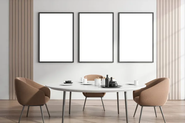Interior Comedor Minimalista Con Paredes Blancas Madera Suelo Madera Mesa — Foto de Stock