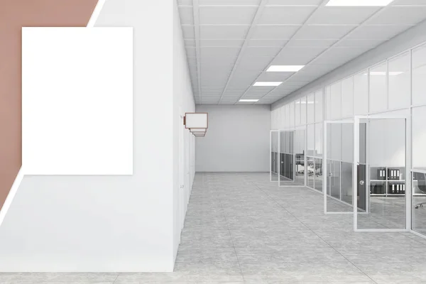 白と茶色の壁 タイル張りの床 標識や垂直モックアップポスターとドアの行を持つ近代的なオープンスペースオフィスホールのインテリア 広告の概念 3Dレンダリング — ストック写真
