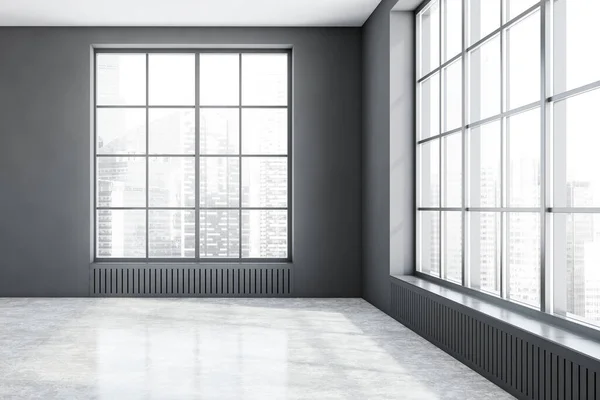 Interior Spacious Empty Room Grey Walls Concrete Floor Big Windows — Stock Photo, Image