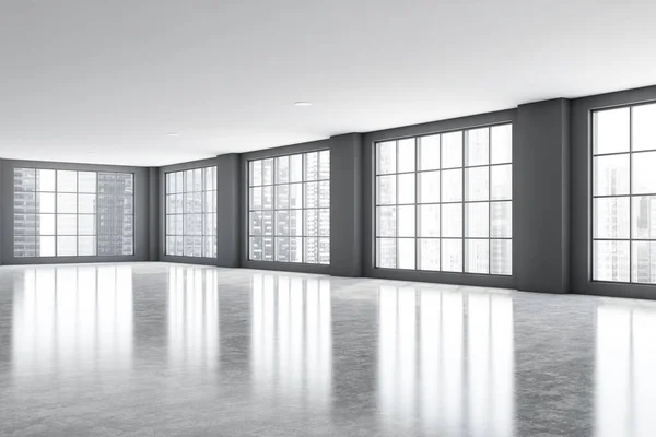 灰色の壁 コンクリートの床とぼやけた街並みと大きな窓を持つ広々とした豪華なオフィスルームのコーナー 不動産と開発の概念 3Dレンダリング — ストック写真