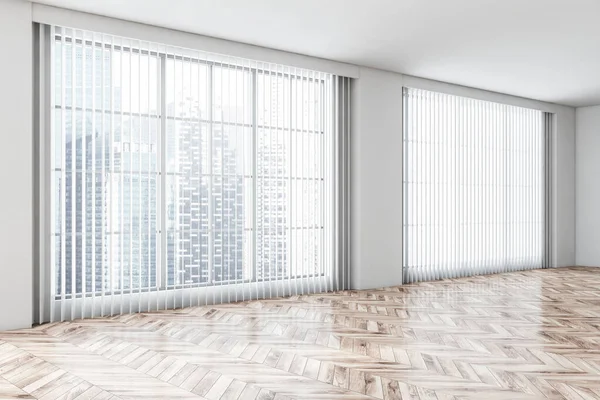 角落的豪华空房间与白色墙壁 木制地板和大窗户与百叶窗 黑色城市景观 房地产的概念 3D渲染 — 图库照片