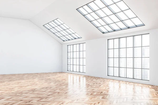 有白色墙壁 木制地板 墙壁和天花板窗户的空顶层房间的角落 奢侈生活和房地产的概念 3D渲染 — 图库照片