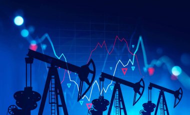 Mavi arkaplan üzerinde üç yağ pompası ve iki kez düşen bulanık dijital çizelgeler. Petrol piyasası krizi kavramı. 3d rendelenmiş resim
