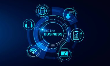 Koyu mavi arka plan üzerinde geleceği parlak HUD çevrimiçi iş arayüzü. Evden ve teknolojiden çalışma kavramı. 3d oluşturma