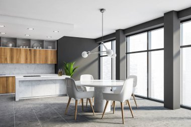 Gri duvarları, ahşap tezgahları ve dolapları olan şık bir mutfağın köşesi, ocağı ve beyaz sandalyeli yuvarlak yemek masası olan bir ada. Bulanık şehir manzaralı bir pencere. 3d oluşturma