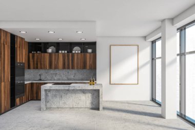 Beyaz duvarları, ahşap tezgahları ve dolapları olan şık bir mutfak. Fırın ve pencereli bulanık şehir manzaralı bir ada. Dikey model poster çerçevesi. 3d oluşturma