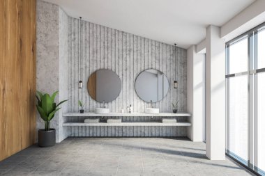 Lüks tavan arası banyosu, beyaz, taş ve ahşap duvarlar, fayanslı zemin, iki yuvarlak aynalı çift lavabo ve bulanık şehir manzaralı panoramik pencere. 3d oluşturma