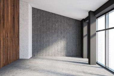 Gri ve koyu ahşap duvarlı, döşemeli ve bulanık şehir manzaralı panoramik pencereli boş tavan arası odası. Gayrimenkul kavramı. 3d oluşturma