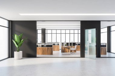 Modern panoramik ofisin içinde siyah duvarlar, fayanslarla döşenmiş yerler, bilgisayar masaları ve dosya dolapları olan karanlık ahşap bölmeler. Bulanık şehir manzaralı pencereler. 3d oluşturma