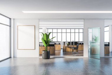 Beyaz duvarları, döşemeleri, bilgisayar masaları ve dosya dolapları olan ahşap bölmeleri olan şık panoramik ofis. Bulanık şehir manzaralı pencereler. Dikey maket posteri. 3d oluşturma