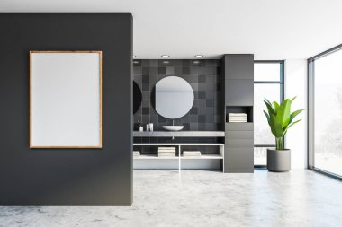 Gri fayanslı duvarları olan şık banyoda asılı posterler, yuvarlak aynalı çift lavabo ve havlulu beyaz raflar. Bulanık görüşlü pencereler. 3d oluşturma