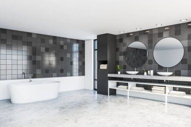 Gri karoları ve beyaz duvarları olan şık banyonun köşesi, beton zemin, yuvarlak aynaları olan rahat çift lavabo, küvet ve havluları olan beyaz raflar. 3d oluşturma