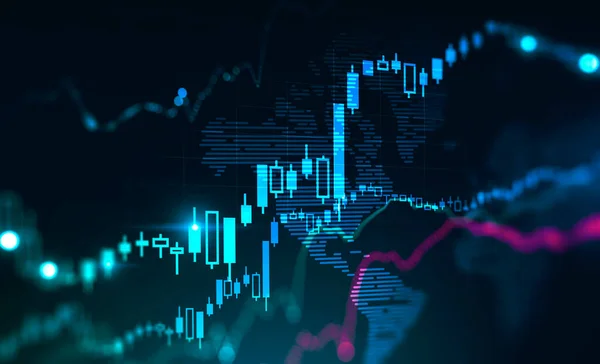 Размытый Растущий Цифровой График Темно Синем Фоне Двойной Экспозицией Карты — стоковое фото