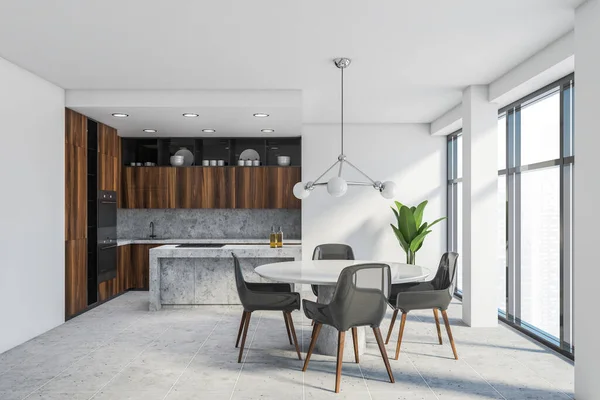 Interno Elegante Cucina Con Pareti Bianche Ripiani Legno Armadi Isola — Foto Stock