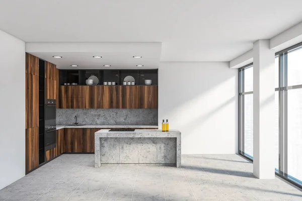 Innenraum Der Stilvollen Küche Mit Weißen Wänden Holzarbeitsplatten Und Schränken — Stockfoto