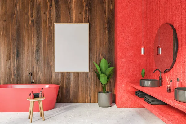 Interior of stylish bathroom with red and dark wooden walls, tiled floor, double sink with two round mirrors and comfortable red bathtub. Vertical mock up poster frame. 3d rendering