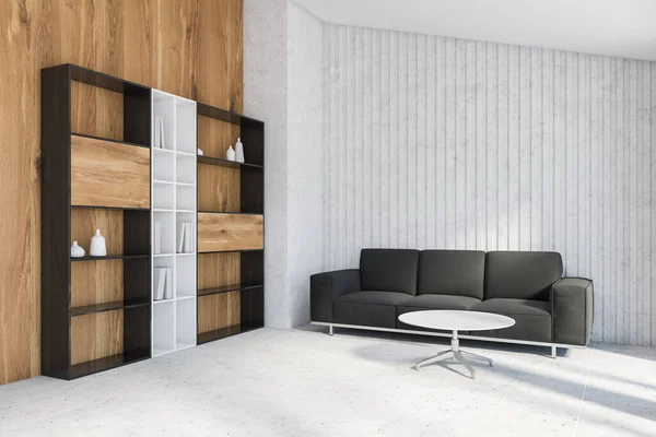 风格时尚的阁楼客厅角落 有石墙和木墙 铺了瓷砖的地板 书架和灰色沙发 靠近圆形咖啡桌 3D渲染 — 图库照片