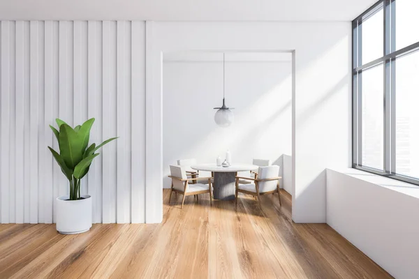 Interieur Van Moderne Eetkamer Met Witte Muren Houten Vloer Comfortabele — Stockfoto