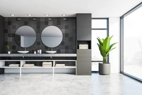 Front View Modern Bathroom Grey Tiled Walls Concrete Floor Comfortable — Stock Photo, Image