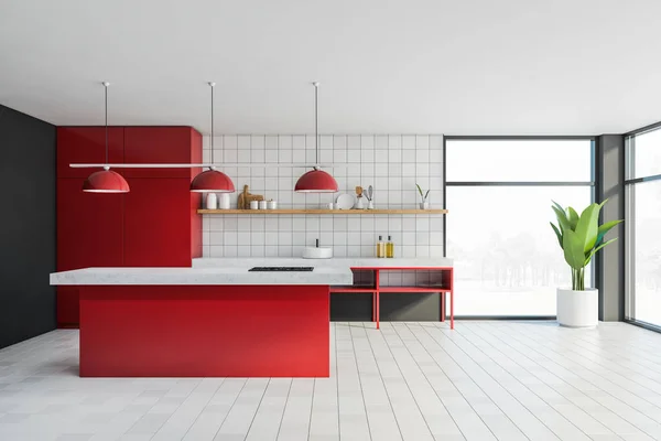 Interior Cozinha Moderna Com Paredes Azulejos Brancos Piso Armário Vermelho — Fotografia de Stock