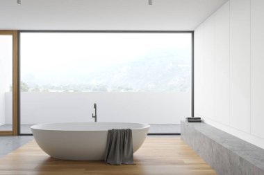 Panoramik banyo, beyaz duvarlar, beton ve ahşap zemin, rahat küvet ve bulanık dağ manzaralı balkon. 3d oluşturma